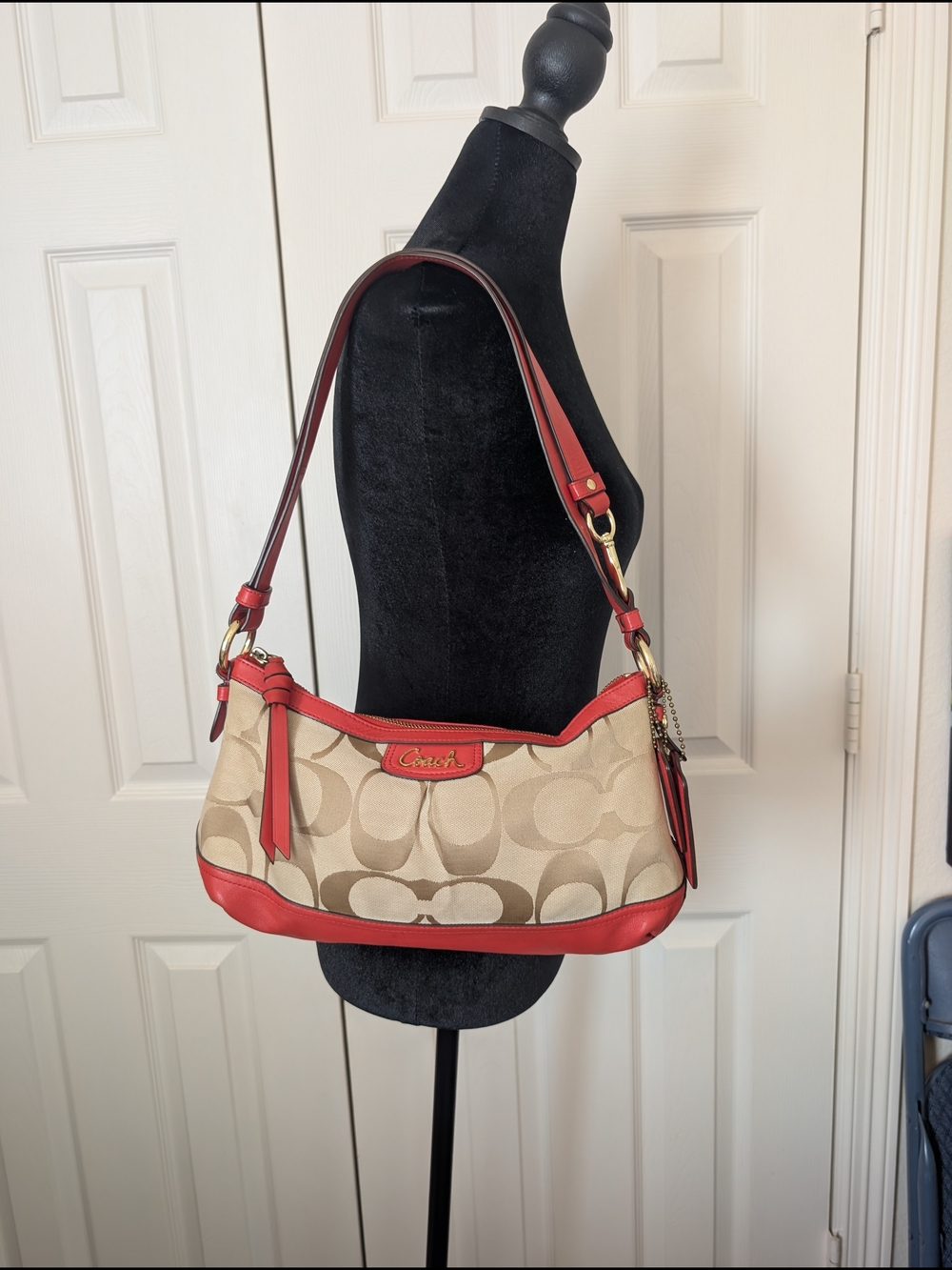 Coach Beige Signature Shoulder Bag with Orange Leather Trim